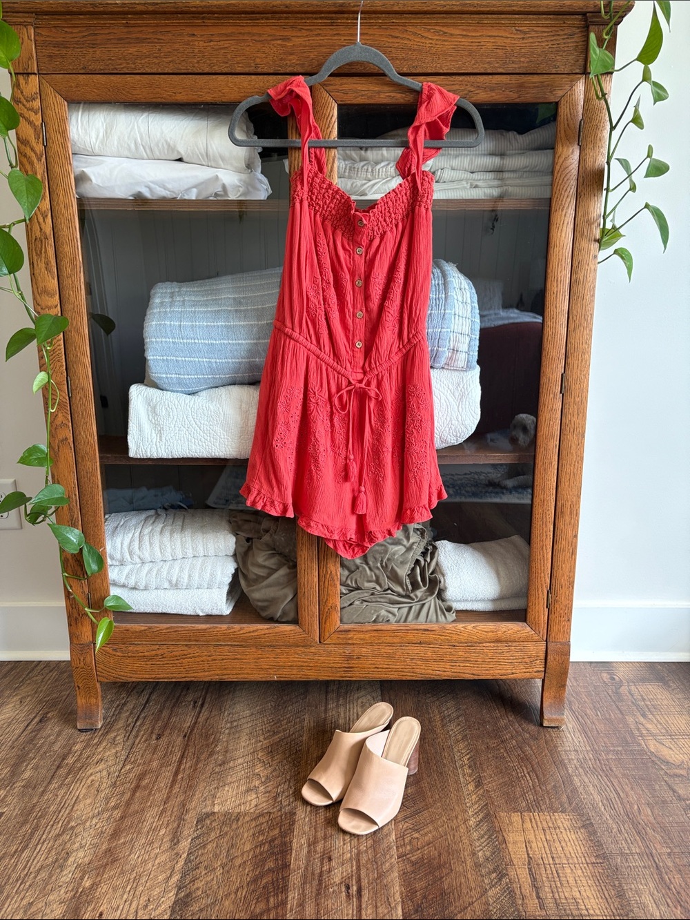 Dark Coral Ruffled Tie-Waist Romper